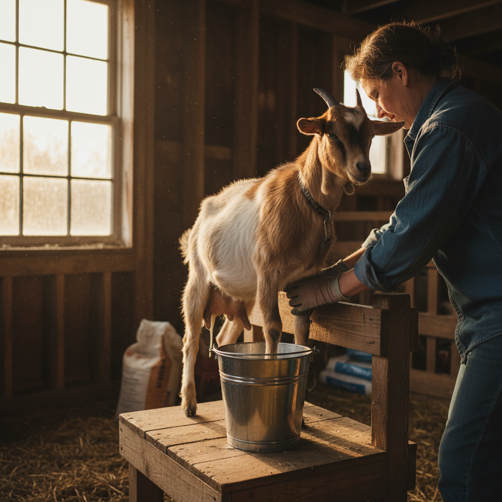 Person milking a Nigerian Dwarf goat on a milking stand with stainless steel pail in barn