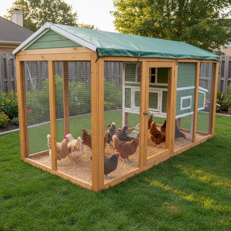 Well-built chicken run with hardware cloth, wooden frame, covered top, and chickens inside