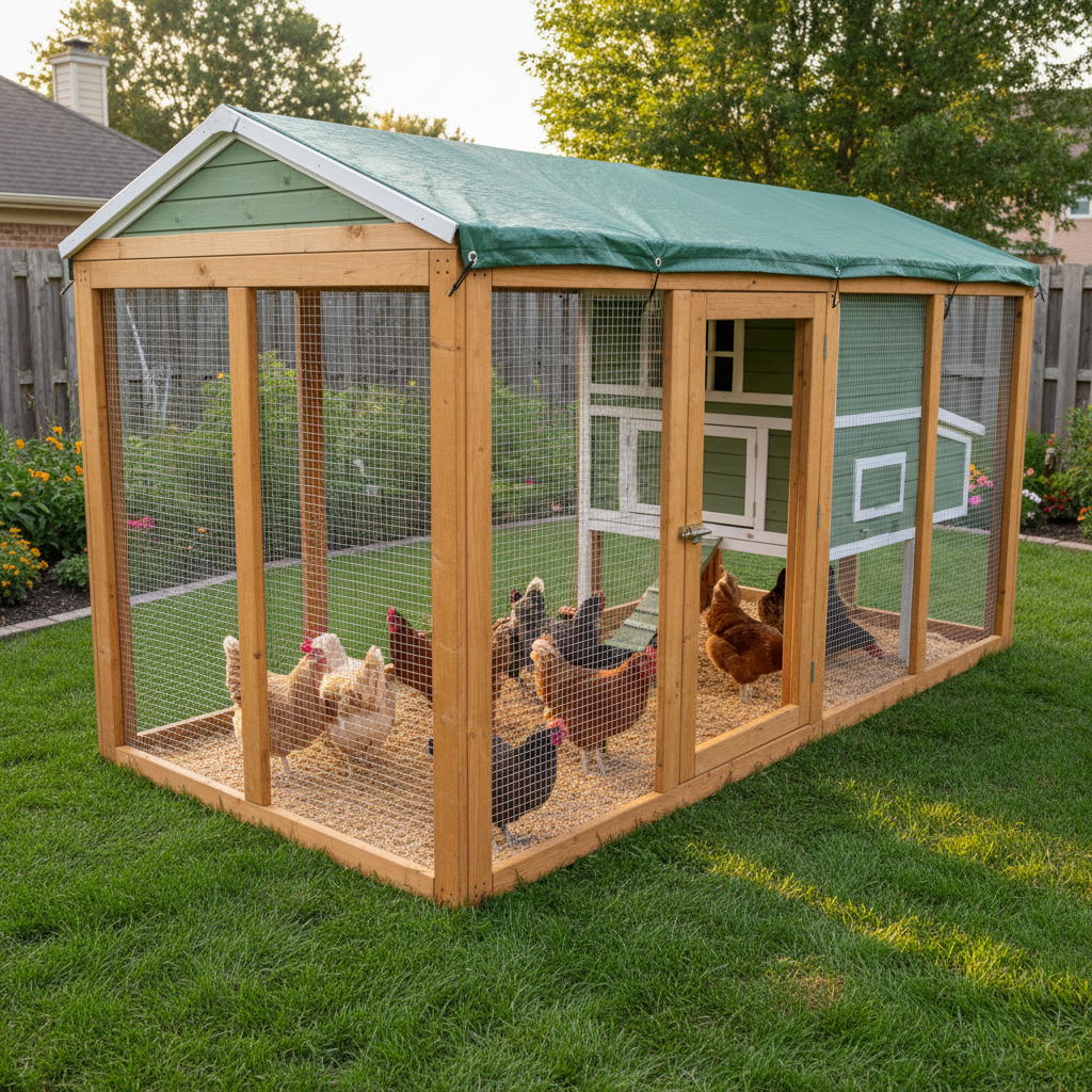 Well-built chicken run with hardware cloth, wooden frame, covered top, and chickens inside
