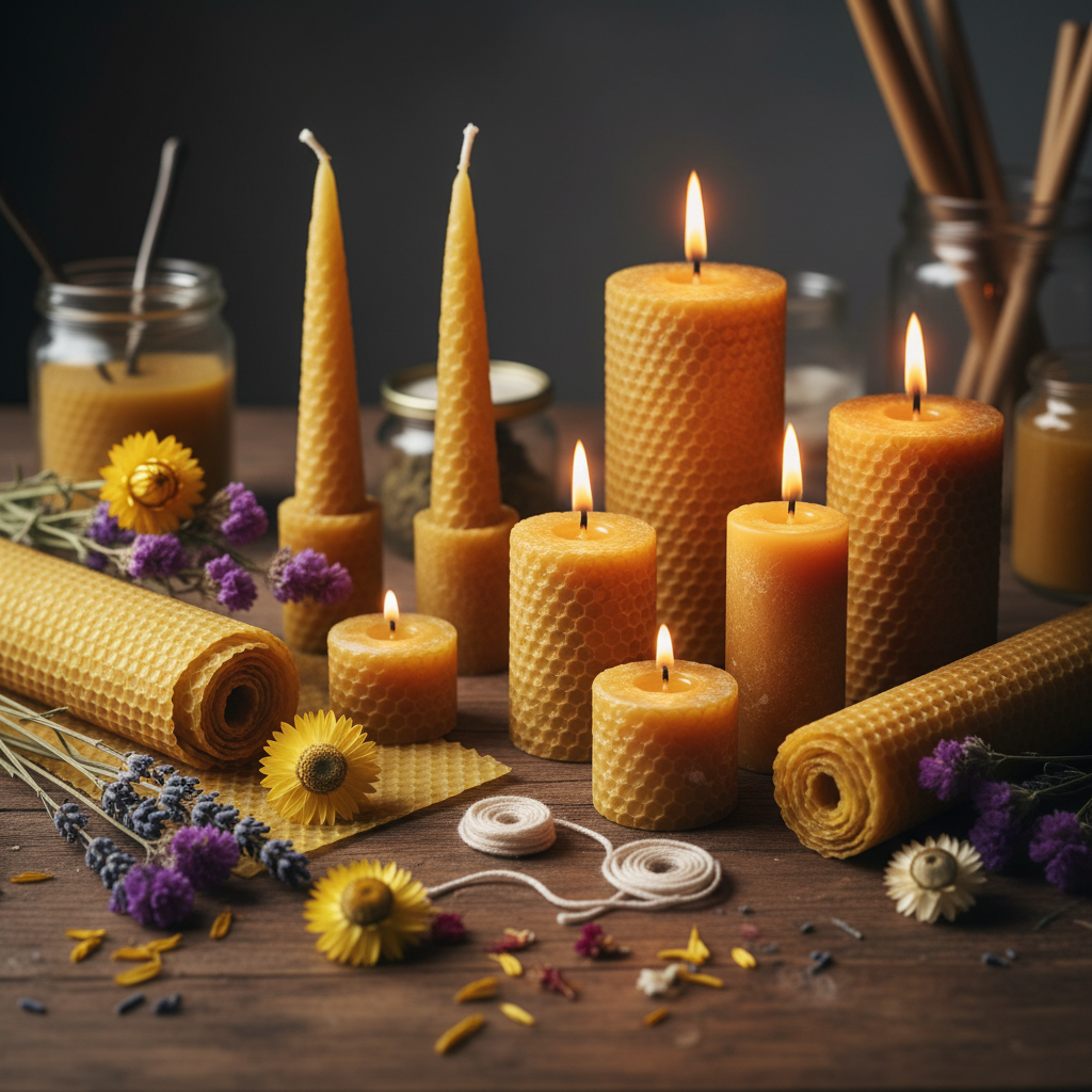 Handmade beeswax candles in various shapes with beeswax sheets, wicks, and dried flowers