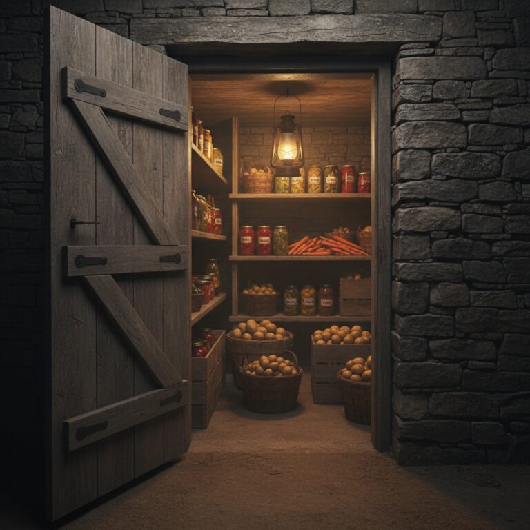 Root cellar with wooden door open showing shelves of potatoes, carrots, and canned goods