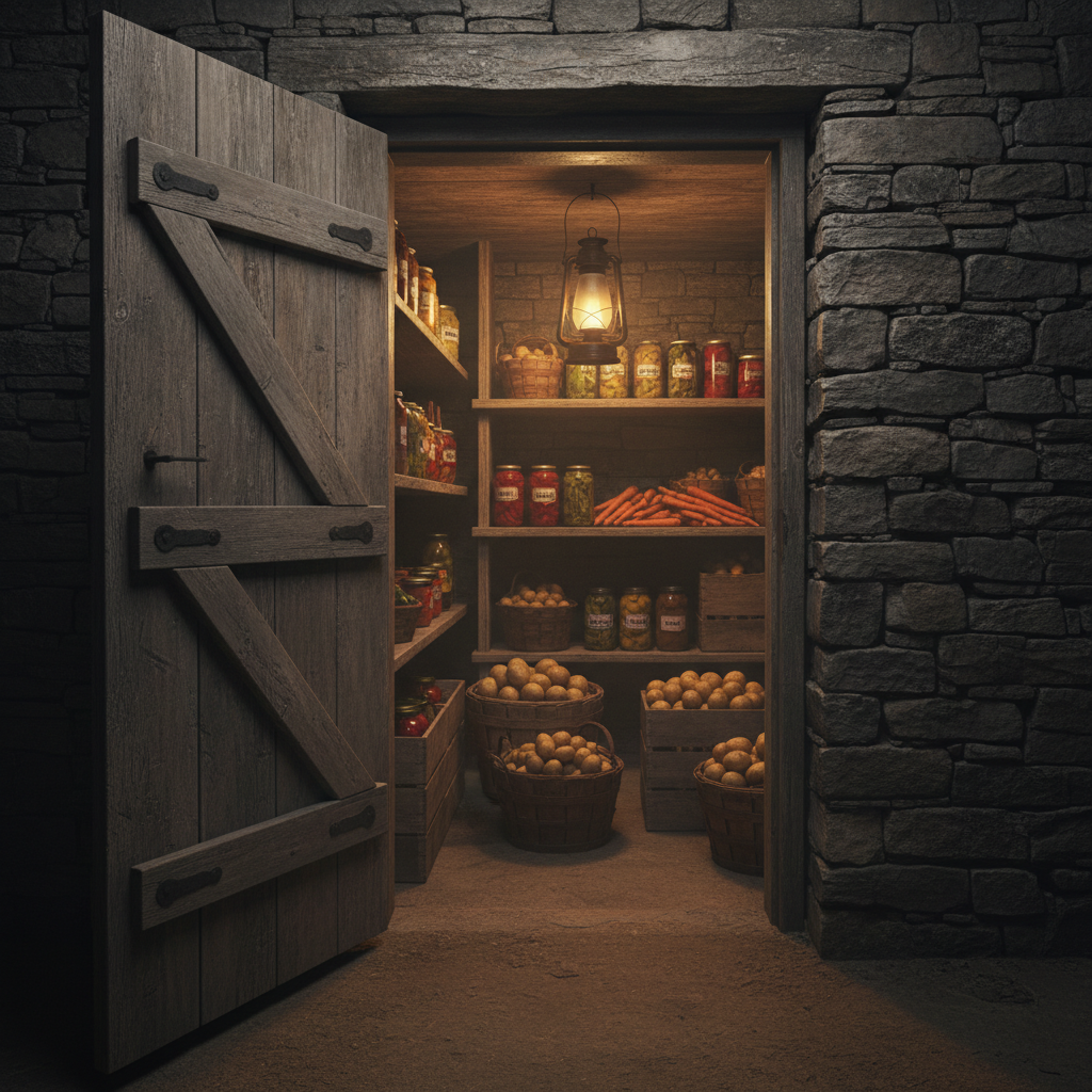 Root cellar with wooden door open showing shelves of potatoes, carrots, and canned goods