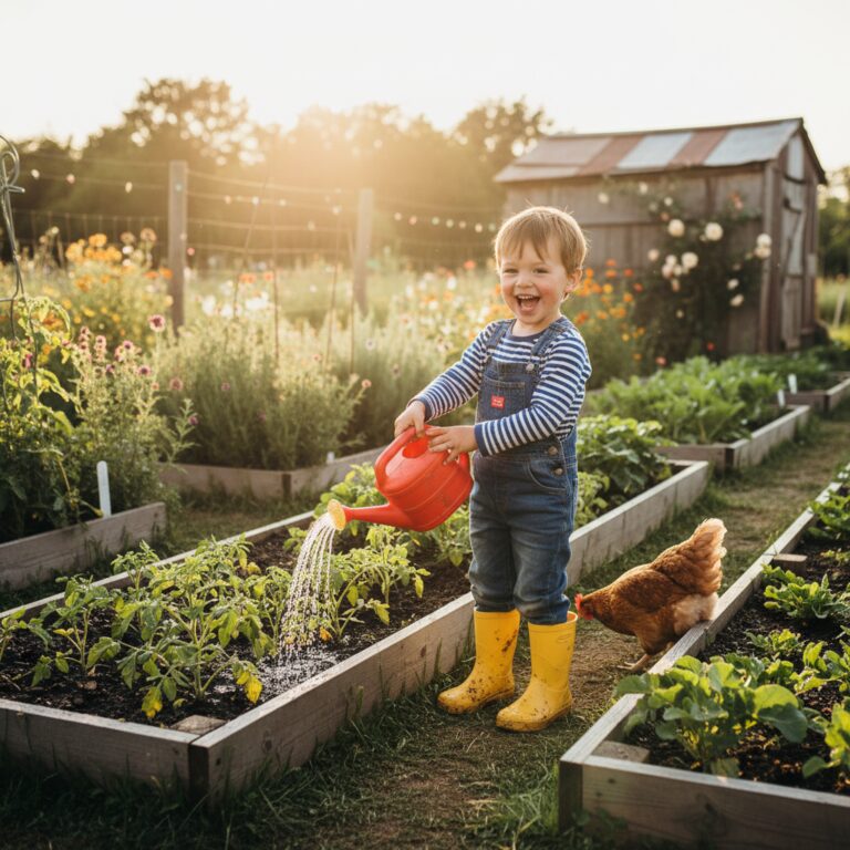 Young child in rubber boots watering plants with small watering can, chicken nearby, raised beds
