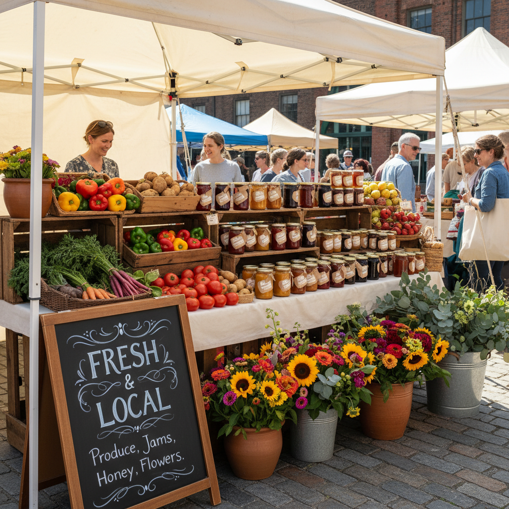 Farmers market booth with fresh vegetables, jars of jam, cut flowers, and chalkboard sign