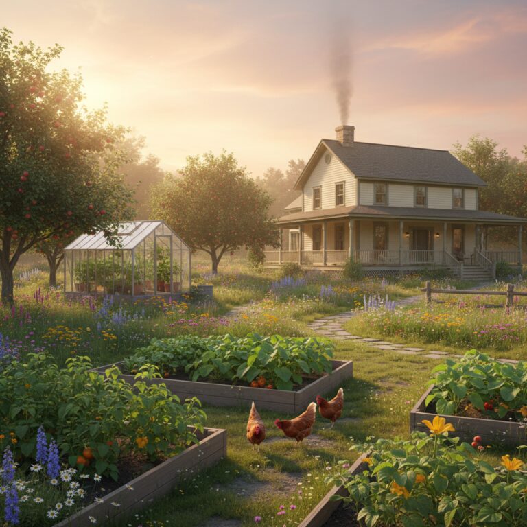 Beautiful homestead property at golden hour with farmhouse, vegetable garden, chickens, and fruit trees
