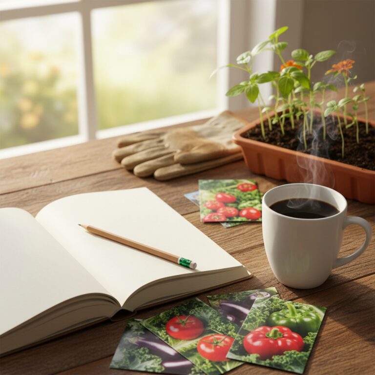 Garden planning scene with open journal, seed packets, seedling starts, and coffee on a wooden desk