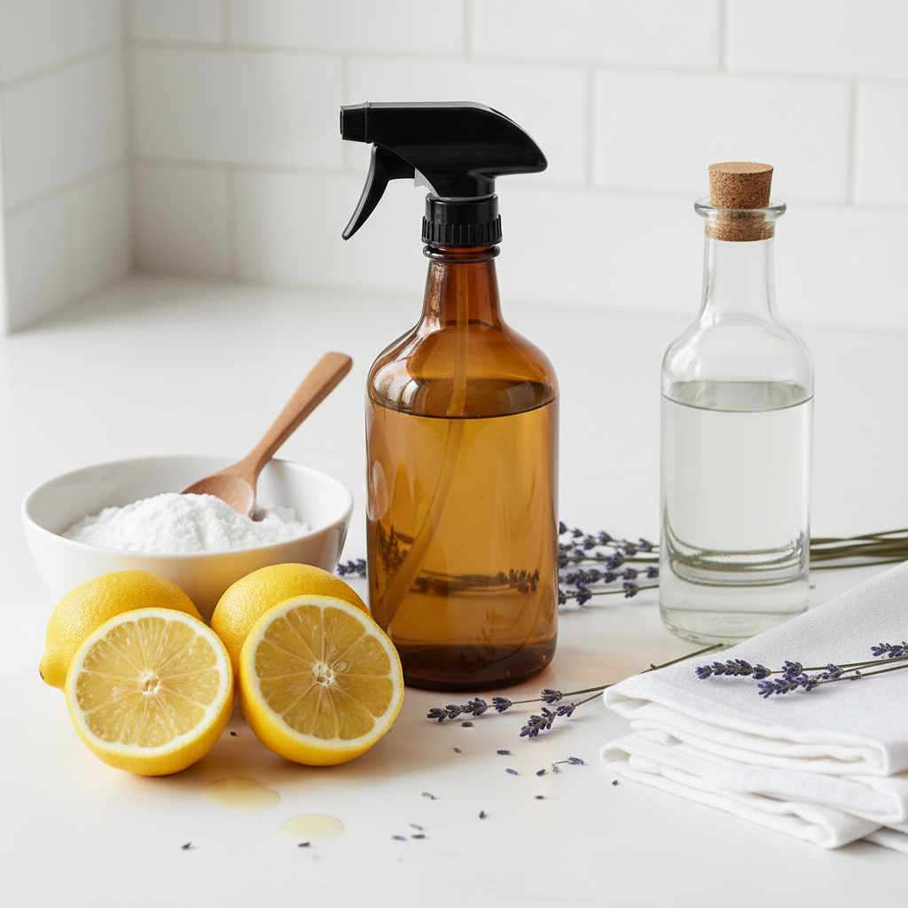Amber spray bottle, baking soda, lemons, and vinegar on a white counter