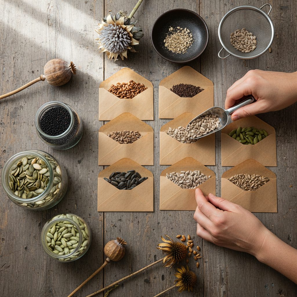 Dried seeds being sorted into paper envelopes with glass jars on wooden table