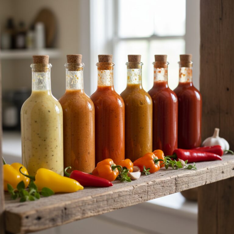 Glass bottles of homemade fermented hot sauce from yellow to deep red with peppers