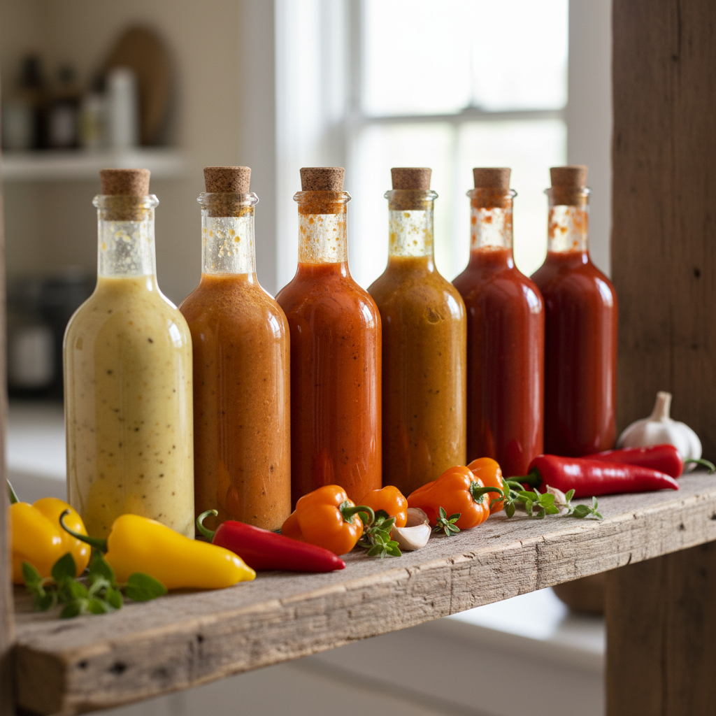 Glass bottles of homemade fermented hot sauce from yellow to deep red with peppers