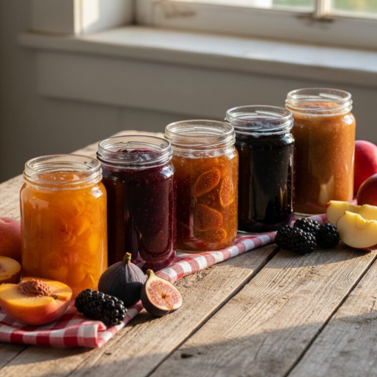 Five jars of colorful homemade jam with fresh fruit on rustic wood surface