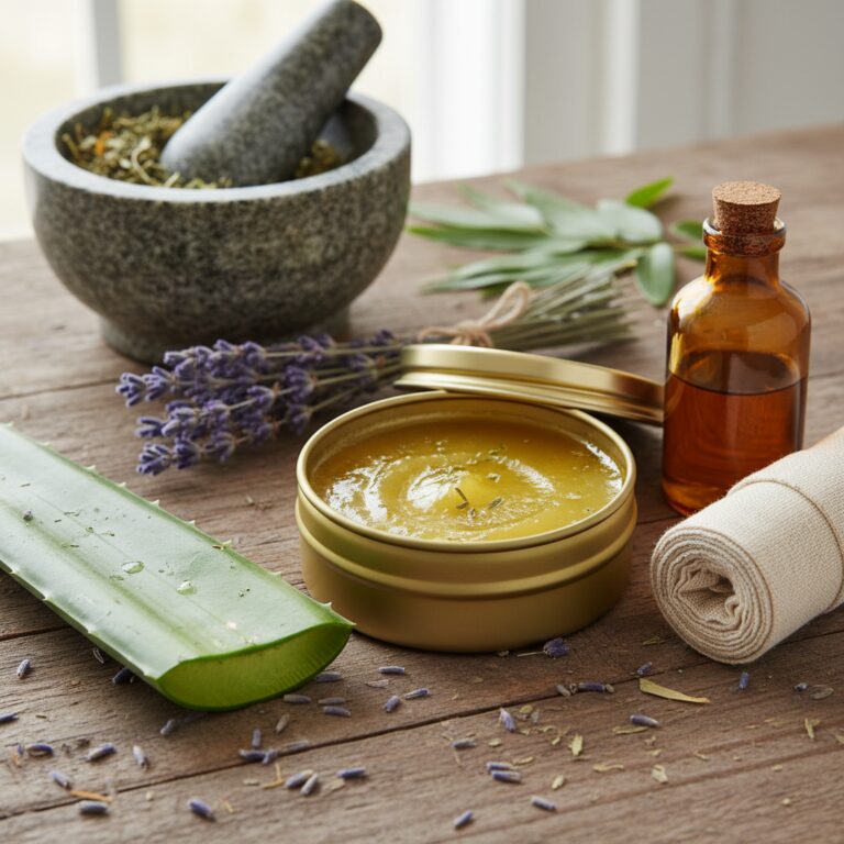 Natural first aid kit with herbal salve, aloe vera, lavender, and mortar and pestle