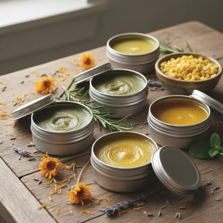 Homemade herbal salves in open metal tins with dried calendula and beeswax