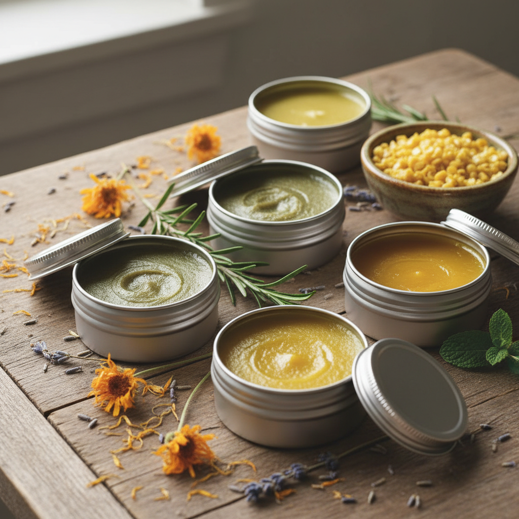 Homemade herbal salves in open metal tins with dried calendula and beeswax