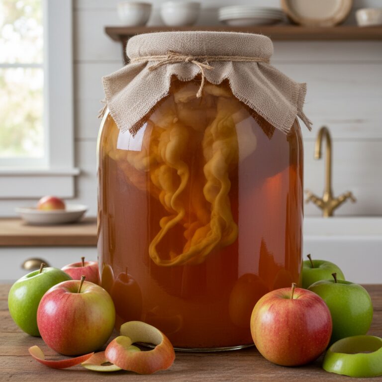 Large glass jar of amber apple cider vinegar with mother culture and fresh apples