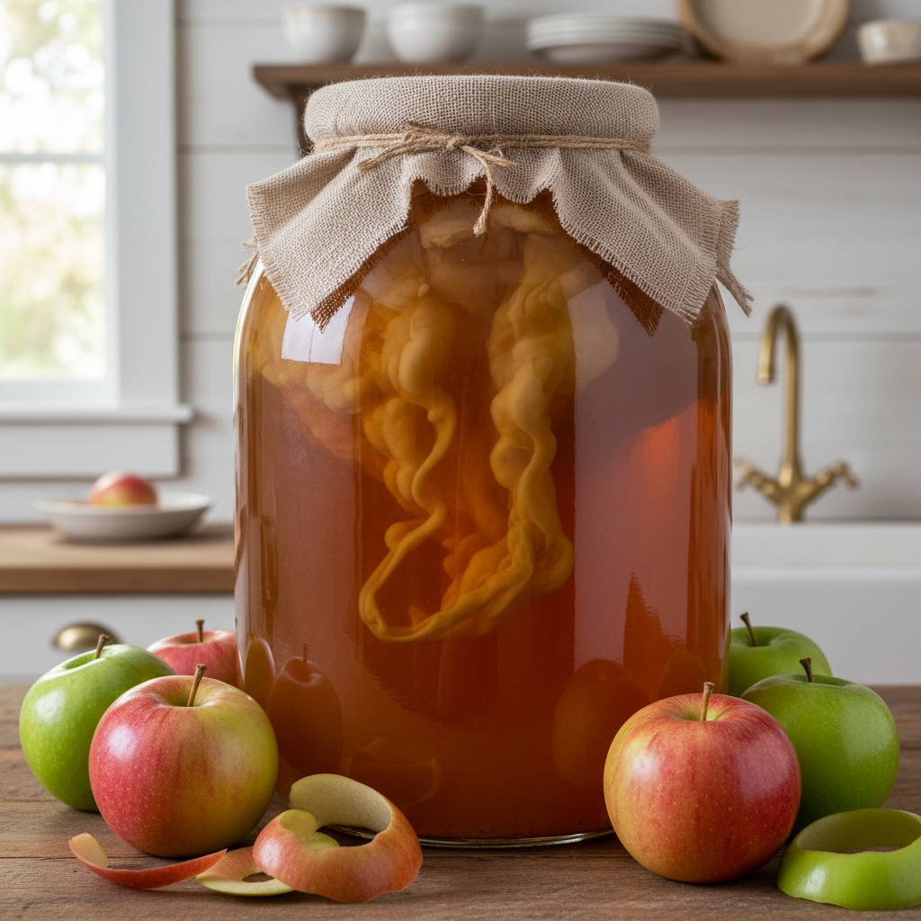 Large glass jar of amber apple cider vinegar with mother culture and fresh apples