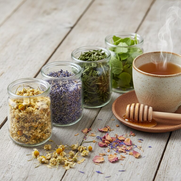 Glass jars of dried chamomile, lavender, mint with steaming cup of golden tea