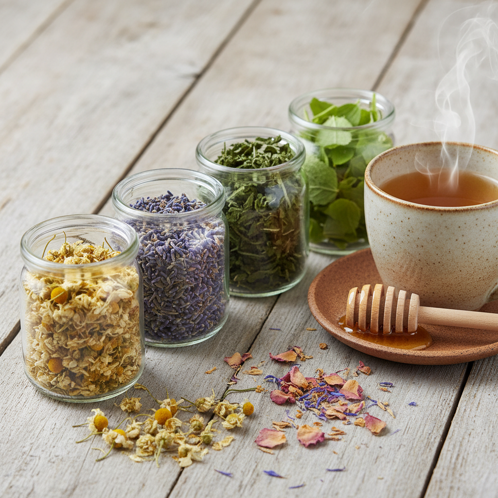Glass jars of dried chamomile, lavender, mint with steaming cup of golden tea