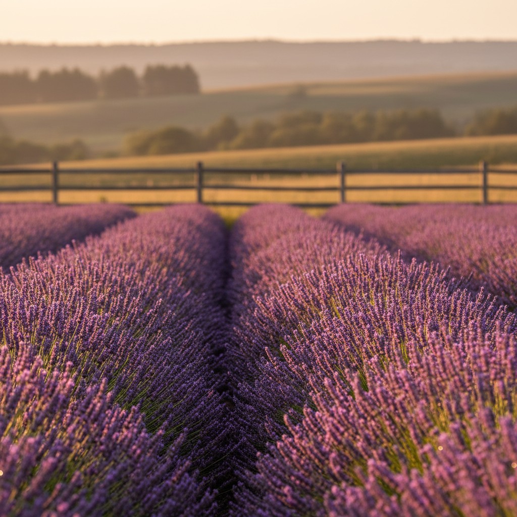 Beautiful rows of blooming purple lavender in golden hour sunlight with rustic fence