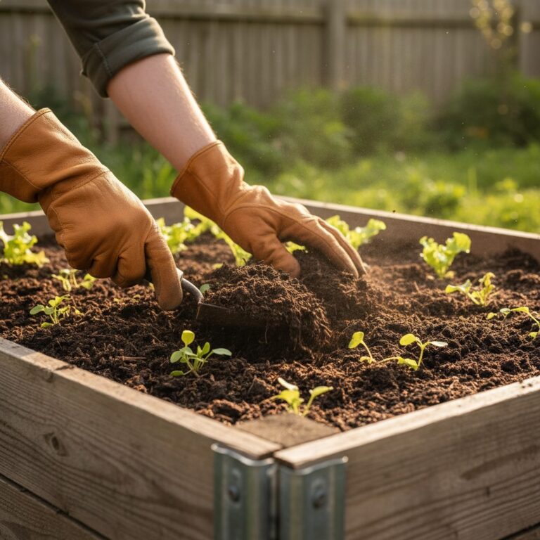 Hands in gardening gloves mixing rich dark compost soil in a wooden raised garden bed