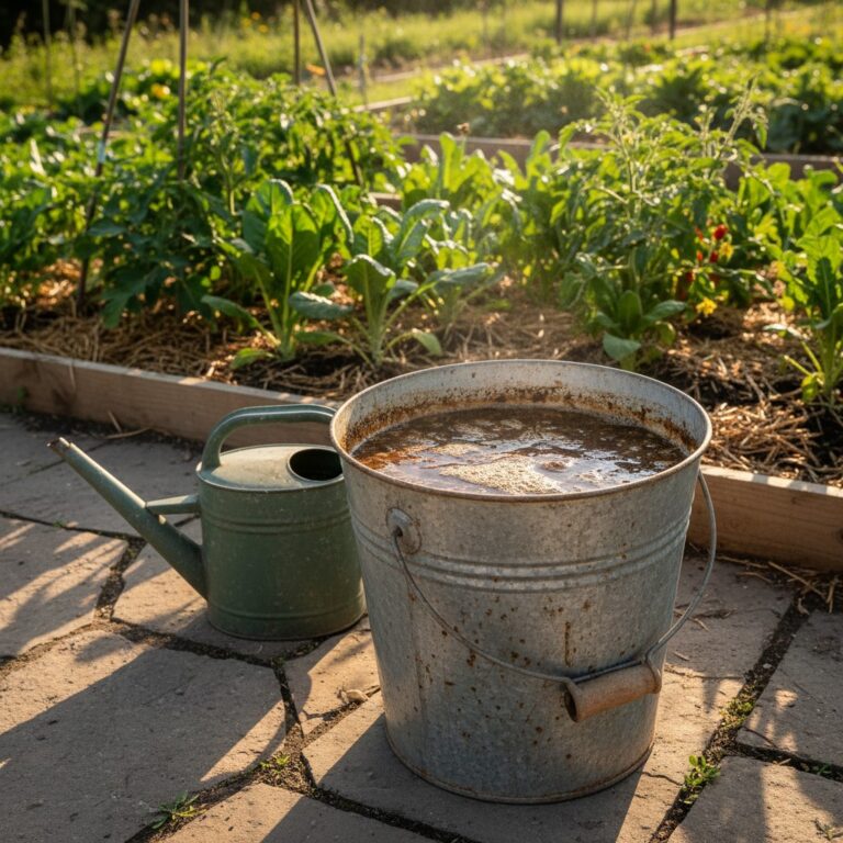 Rustic bucket of amber compost tea in a sunlit vegetable garden with watering can