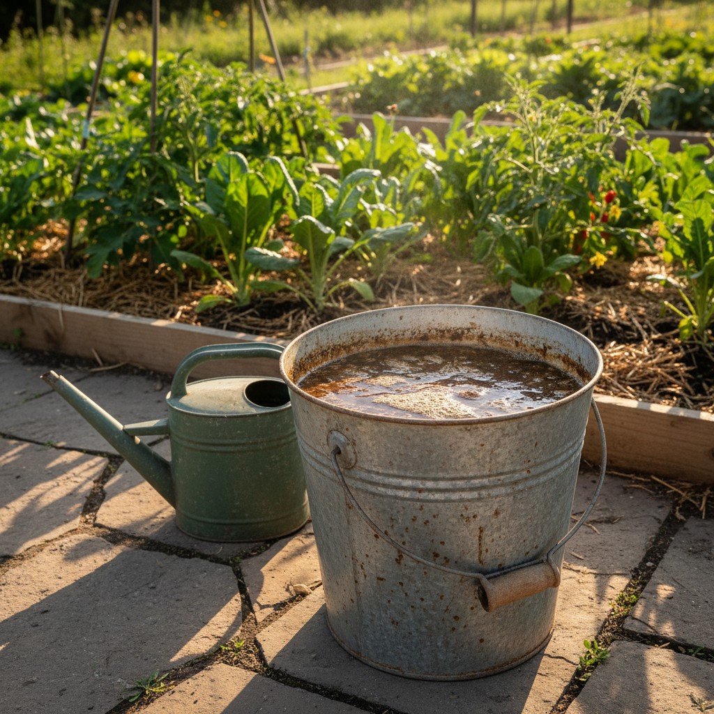Rustic bucket of amber compost tea in a sunlit vegetable garden with watering can