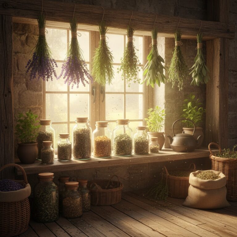 Bundles of fresh herbs hanging upside down to dry from rustic wooden beam in farmhouse kitchen