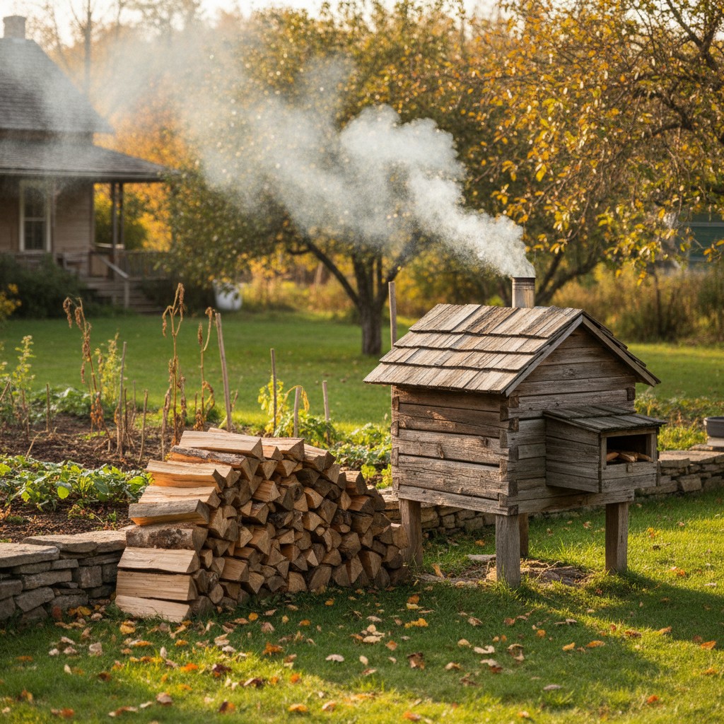 Small rustic wooden backyard smokehouse with smoke wisps and stacked firewood in autumn light