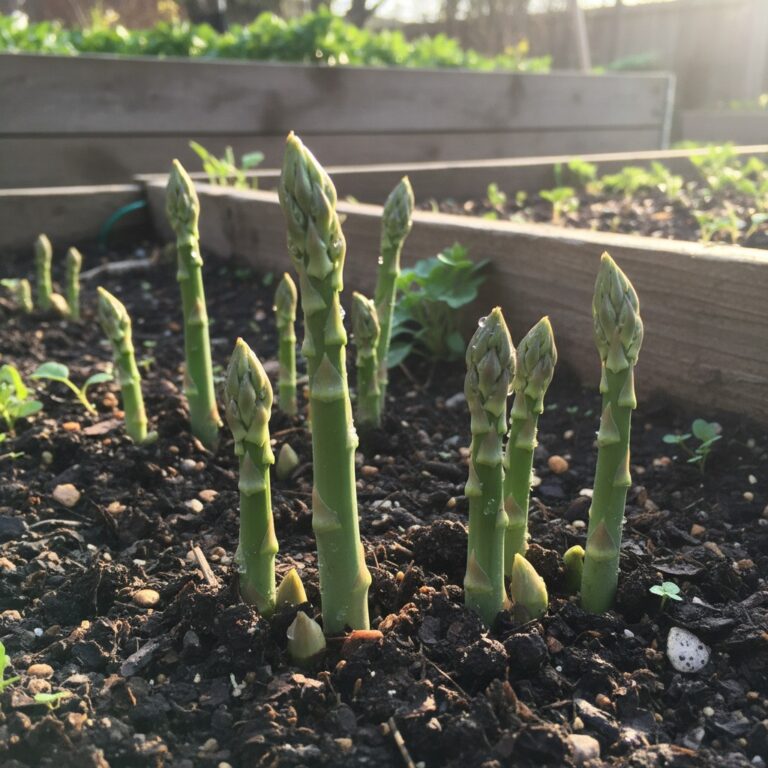 Fresh green asparagus spears emerging from rich garden soil in spring morning light