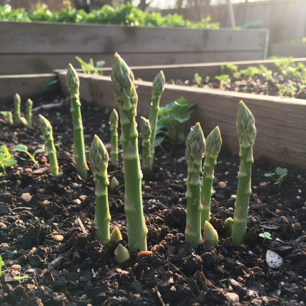 Fresh green asparagus spears emerging from rich garden soil in spring morning light