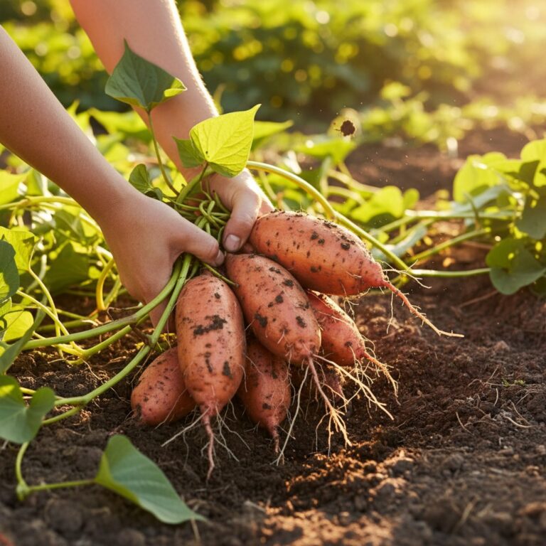 Hands pulling fresh sweet potatoes from dark garden soil with orange tubers and green vines