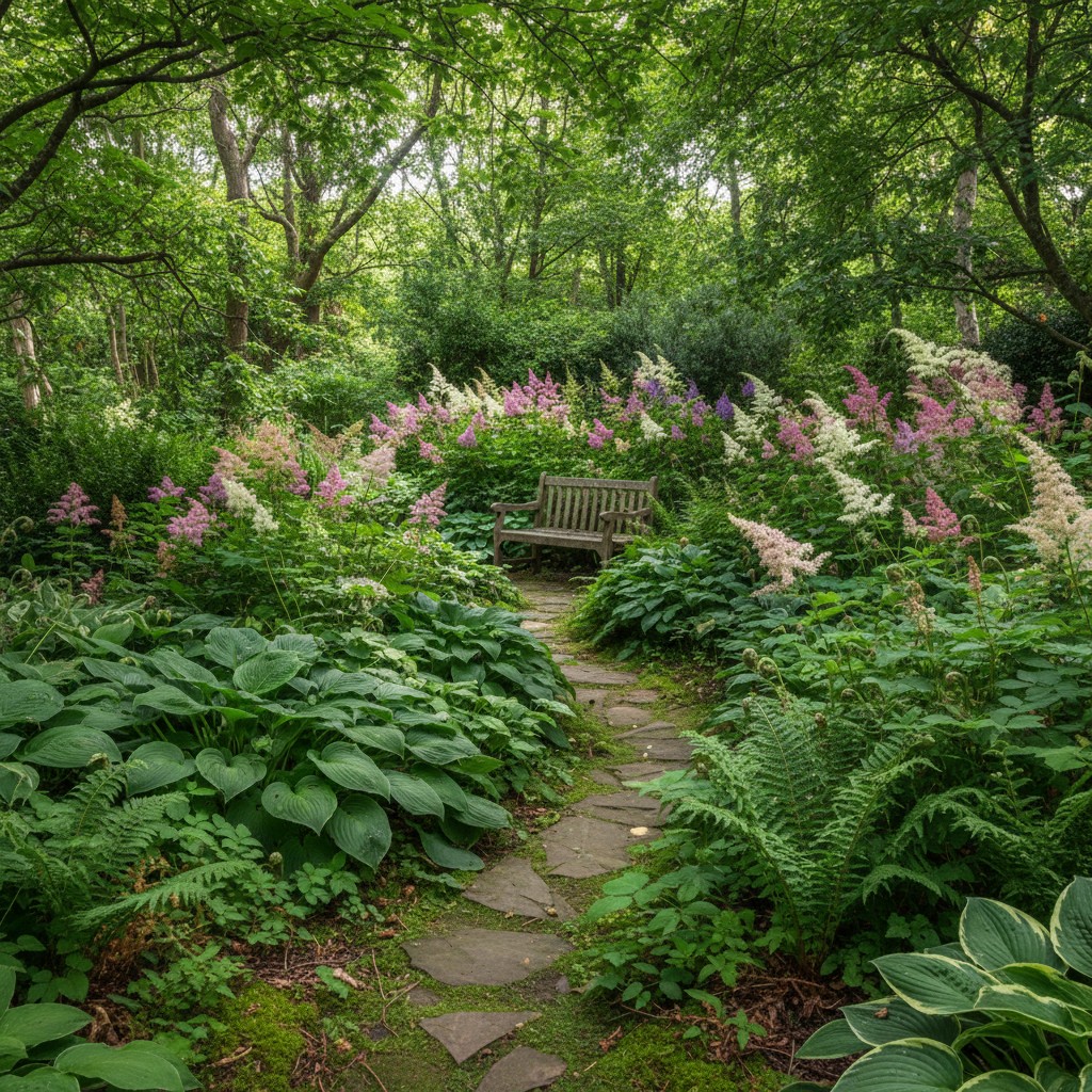Beautiful shade garden with hostas ferns and astilbe under dappled tree canopy light