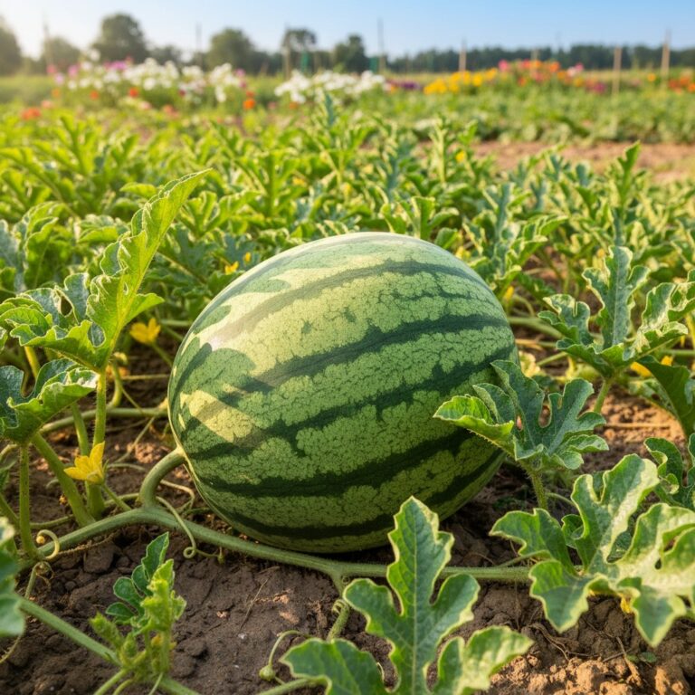 Large ripe watermelon on the vine in a sunny garden with lush green foliage