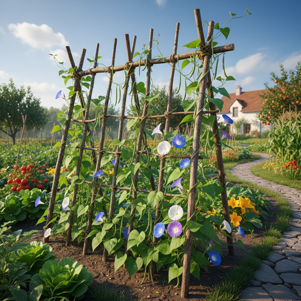 Rustic wooden garden trellis covered with climbing green beans and morning glory vines