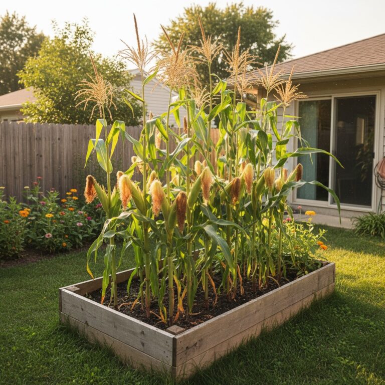 Tall corn stalks growing in a small raised bed garden with tassels and silks