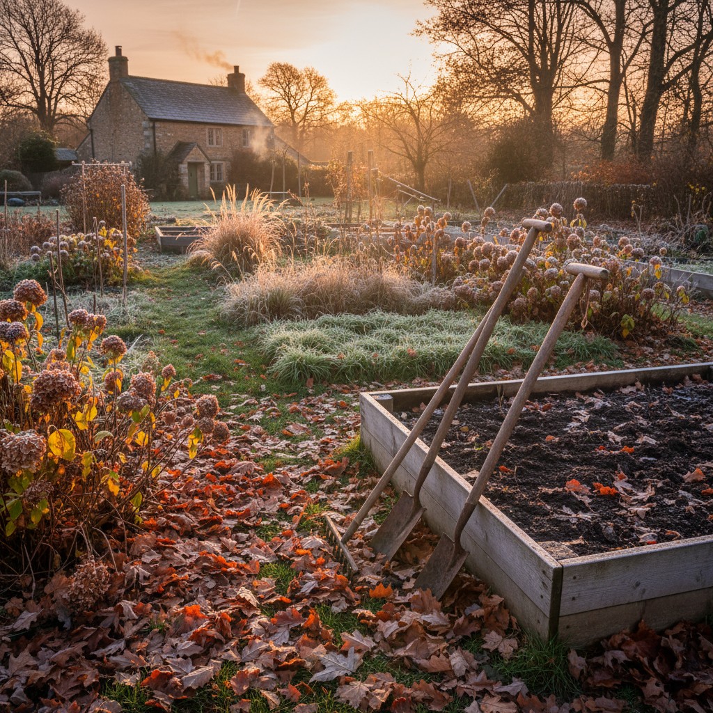 Autumn garden scene with frost-touched plants fallen leaves and garden tools