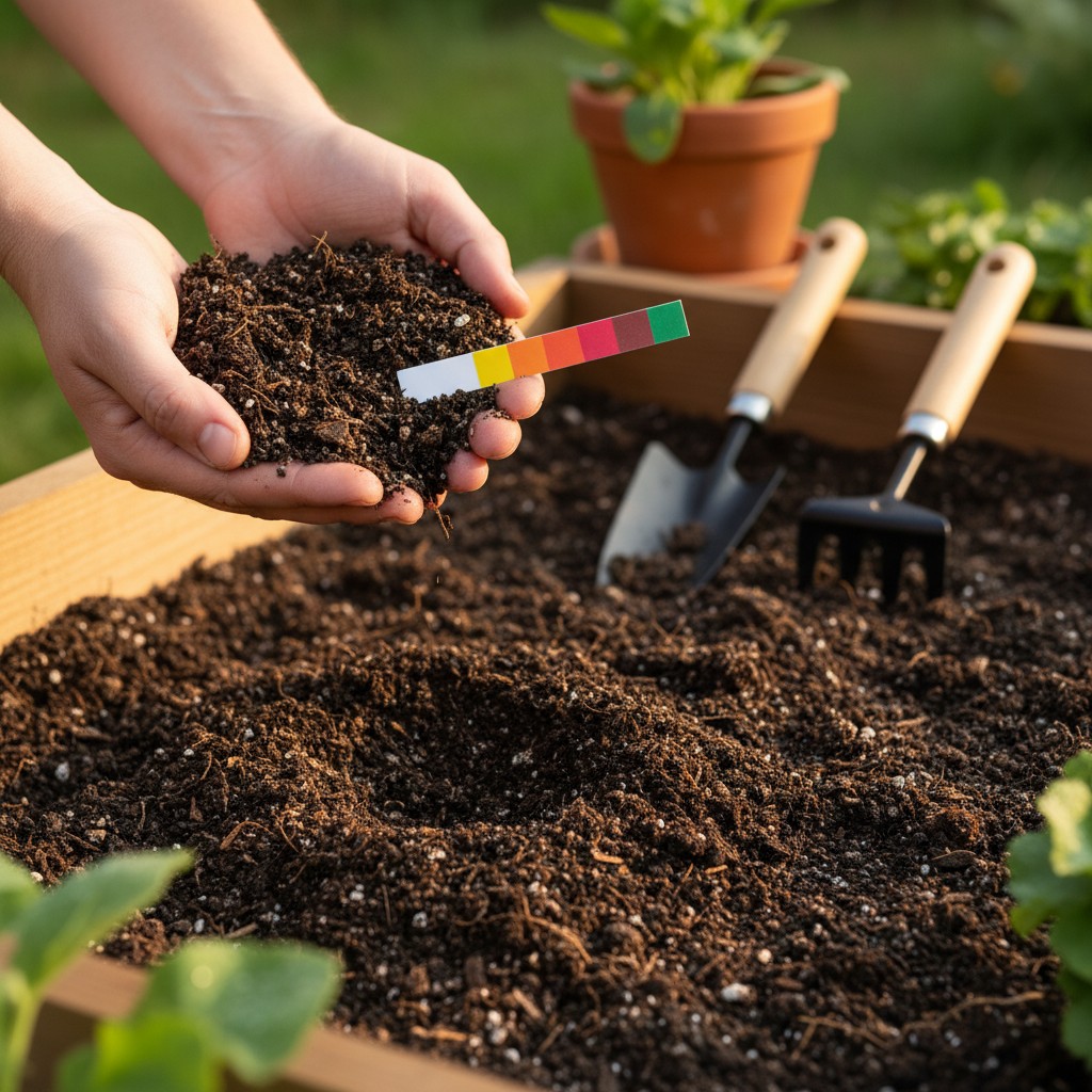 Hands holding dark rich garden soil over a raised bed with soil testing supplies nearby