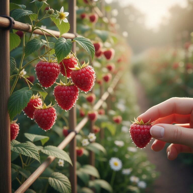 Ripe red raspberries on the bush with morning dew and hand reaching to pick
