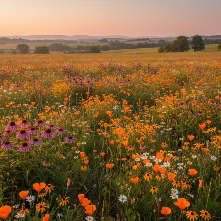 Stunning wildflower meadow with mixed native flowers and butterflies in golden hour