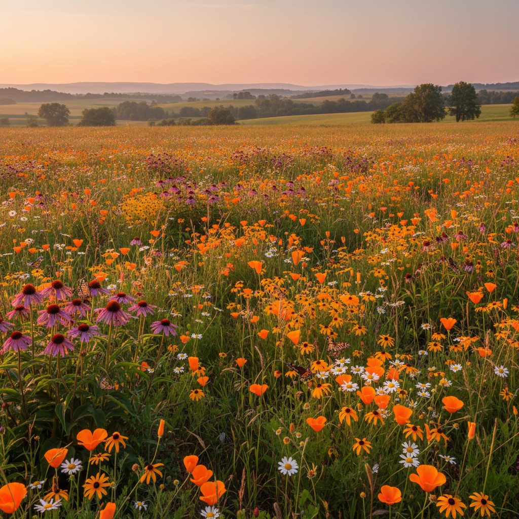 Stunning wildflower meadow with mixed native flowers and butterflies in golden hour