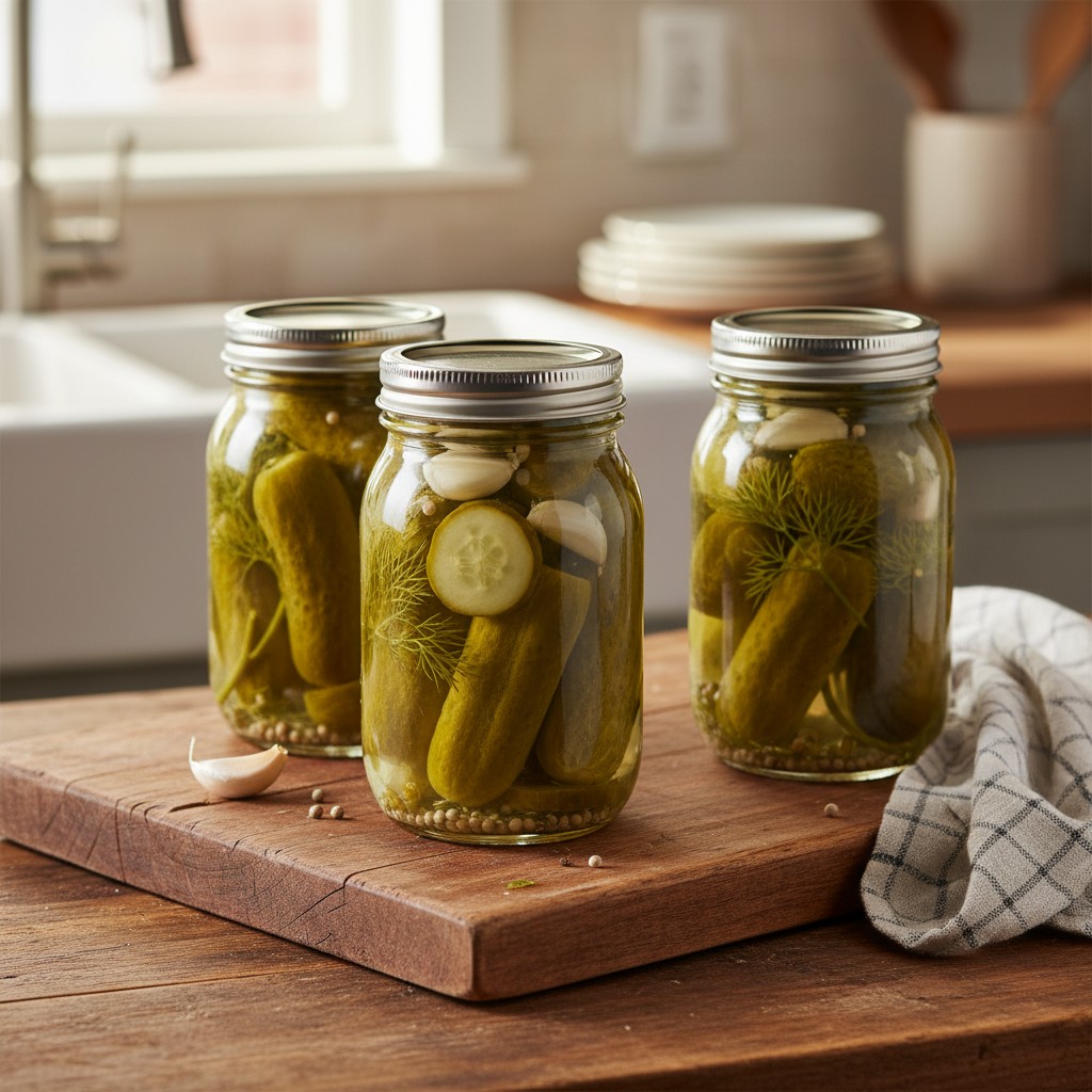 Mason jars of homemade pickles with fresh dill garlic and cucumbers on rustic wood