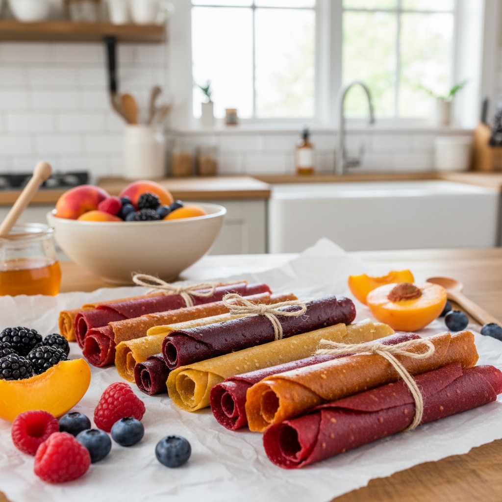 Colorful homemade fruit leather rolls on parchment paper with fresh berries