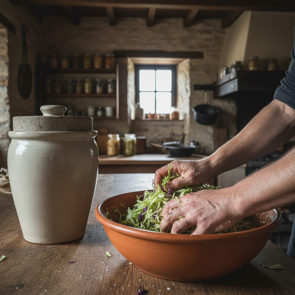 Hands massaging shredded cabbage with salt in a large bowl with fermentation crock nearby