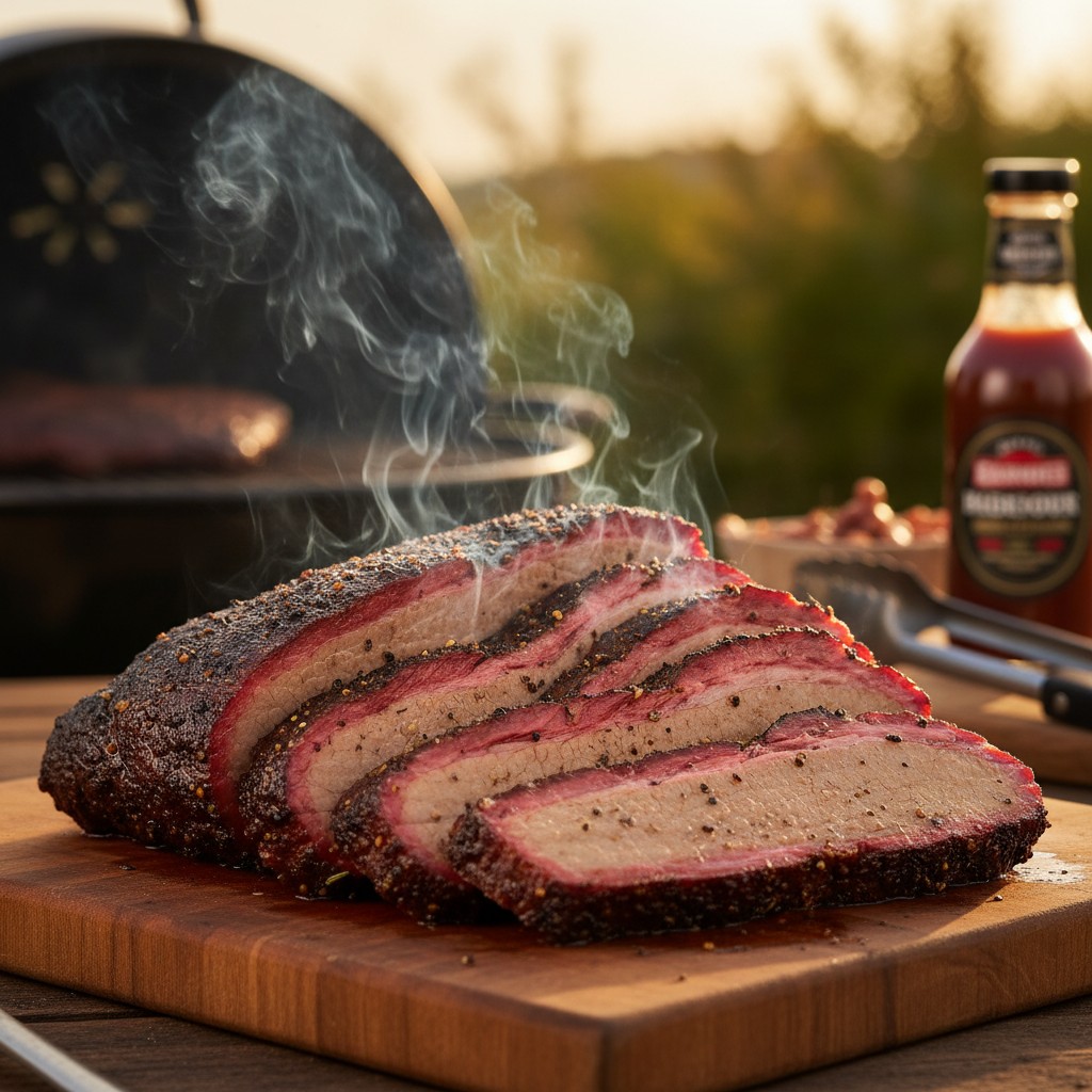 Sliced smoked brisket with perfect smoke ring on wooden cutting board