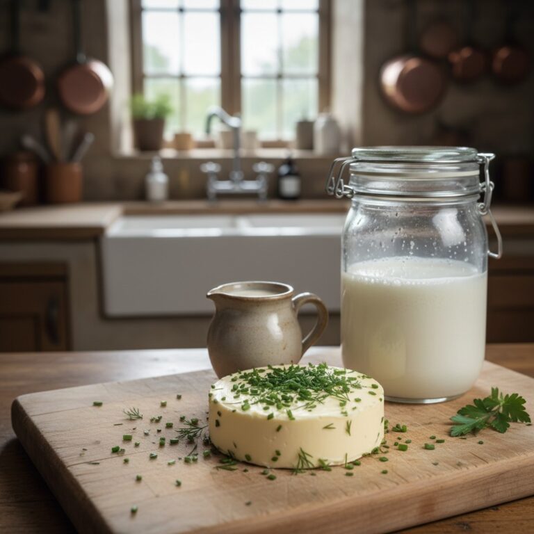 Fresh homemade butter pat with herbs on wooden board with buttermilk jar