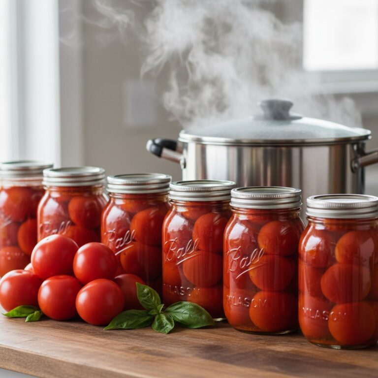 Mason jars filled with whole canned tomatoes with fresh tomatoes and basil on counter
