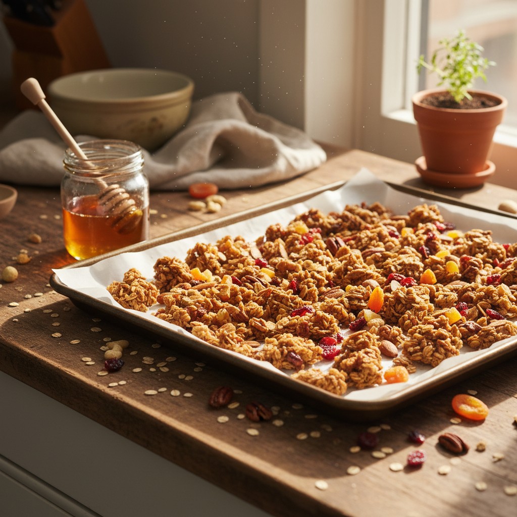 Homemade golden granola clusters on baking sheet with nuts and dried fruit