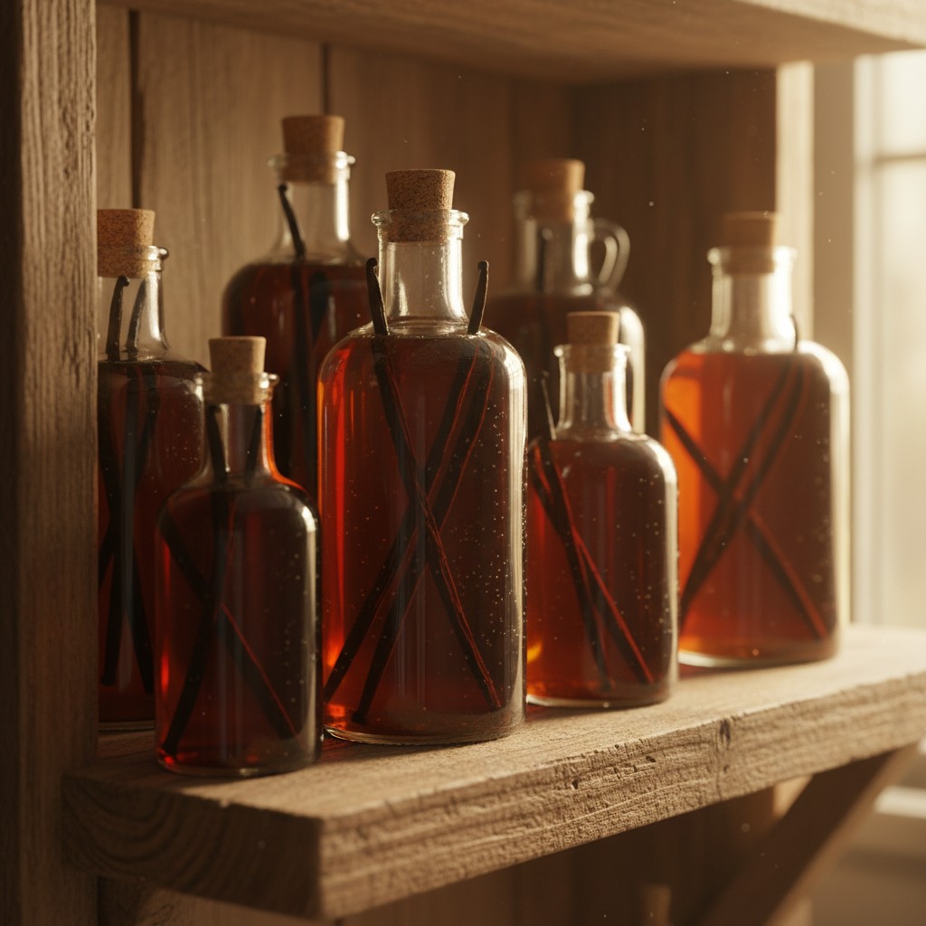 Glass bottles of dark homemade vanilla extract with vanilla bean pods