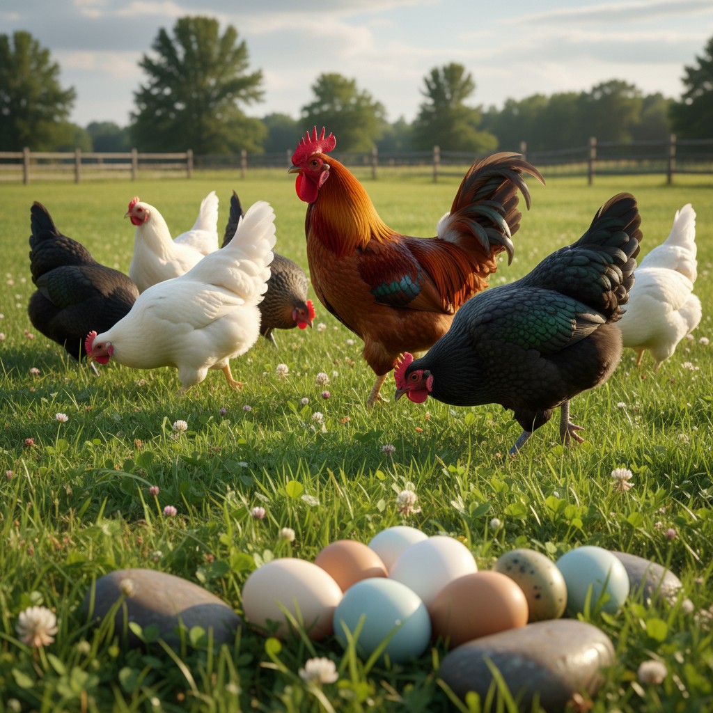 Beautiful variety of chicken breeds in green pasture with colorful eggs