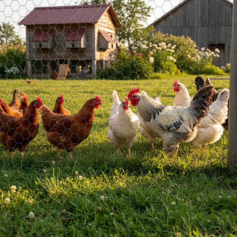 Two groups of chickens separated by wire fence getting to know each other